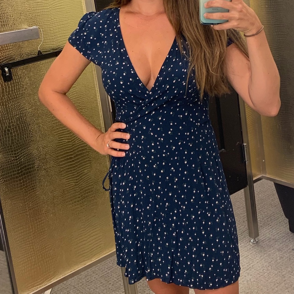 Brandy Melville Navy Blue Mini Wrap Dress with White Dot Print